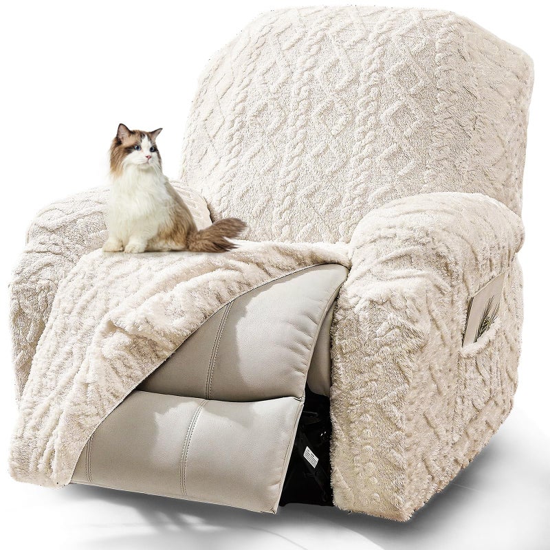 JOKIVTOU Recliner Chair Covers 4-Pieces, Soft, Stretchable, White, Modern Home Decor, Furniture Protector with Elastic Straps Bottom, Storage Pocket on Arm Cover - Image 1