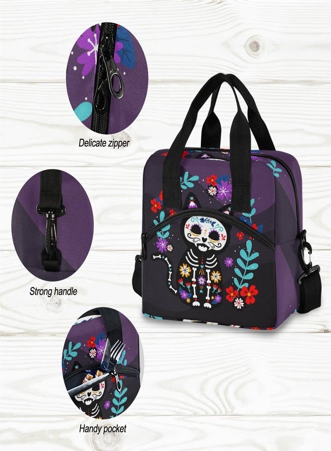 Glaphy Cat Sugar Skull Lunch Bag, Insulated Lunch Tote Bags Cooler Lunch Box Food Container for Women Men Adults - Image 3