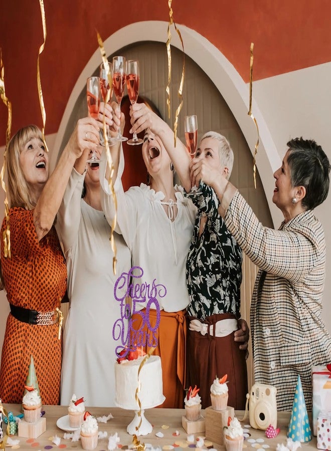 AHAORAY Cheers to 50 Years Cake Topper - Deep Purple Glitter 50th Birthday Cake Decorating Supplies, Perfect for 50th Anniversary or Fifty Birthday Party, Photo Booth Props - Image 5