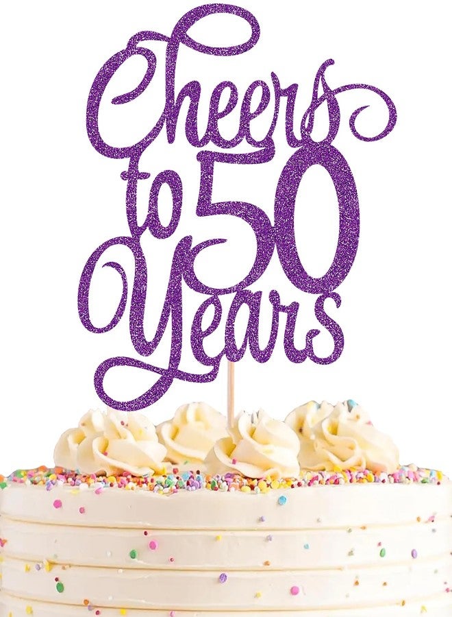 AHAORAY Cheers to 50 Years Cake Topper - Deep Purple Glitter 50th Birthday Cake Decorating Supplies, Perfect for 50th Anniversary or Fifty Birthday Party, Photo Booth Props - Image 1