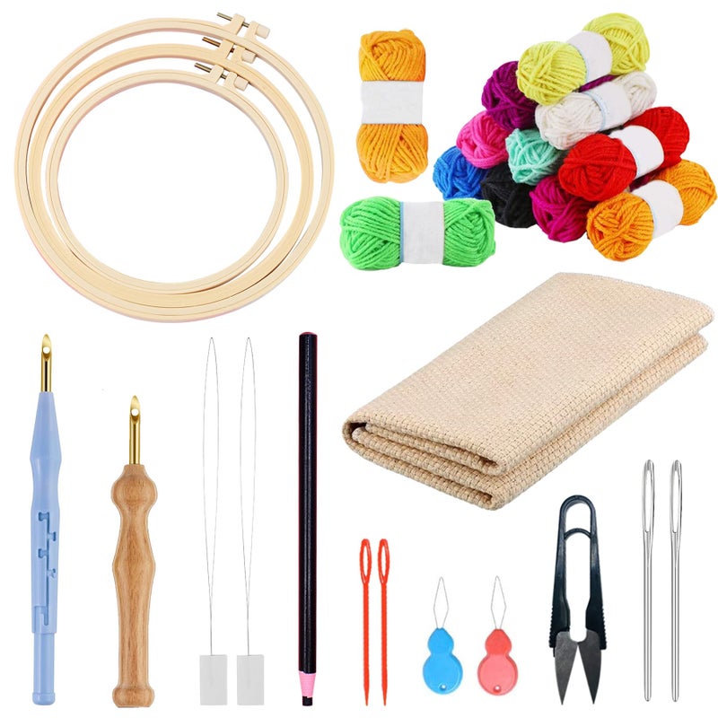 Allazone 17 PCS Punch Needle Embroidery Kits 3 PCS Plastic Hoops with 3 PCS Punch Needle Cloth 12 Color Yarn Punch Needle Big Eye Needles Needle Threaders for Punch Needle Kits