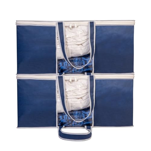 HomeStrap Set Of 2 Non Woven Underbed Storage Organizer/Blanket Cover Bag With Transparent Window And Front Handle For Quilt, Clothes (Navy Blue), 64 CM, 32 CM - Image 1