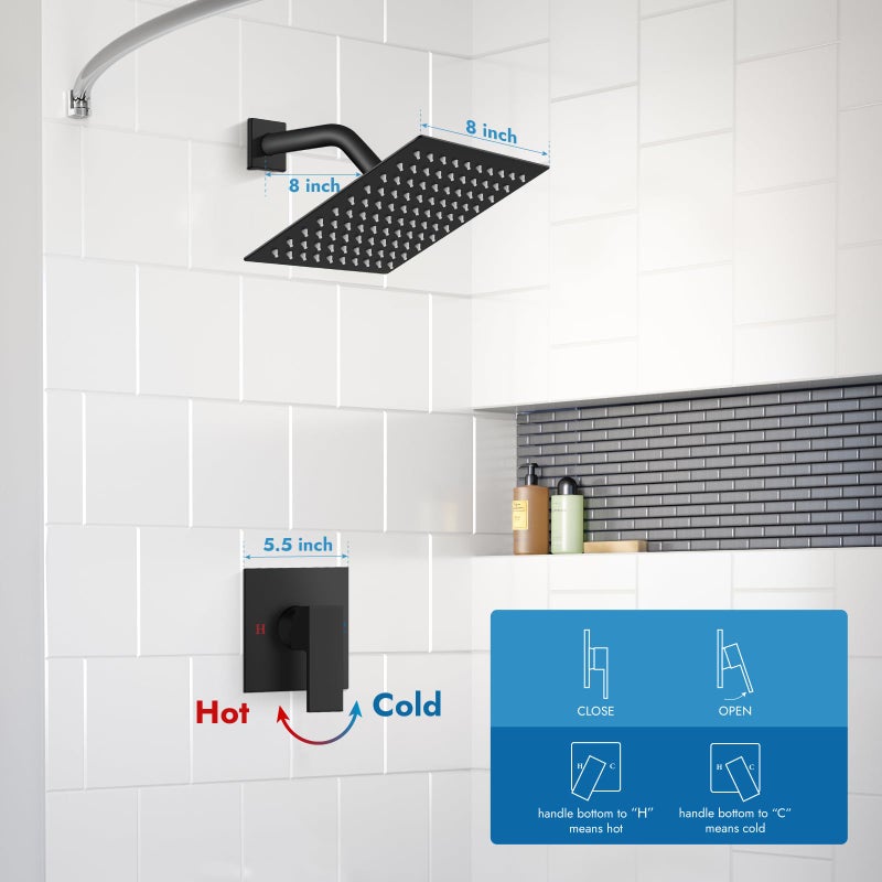 Cinwiny Bathroom Shower Faucet Set Wall Mount Shower Head And Handle Set Single Function Rain Shower System Single Handle Shower Trim Kit With Valve Matte Black 8 Inch Shower Head - Image 4