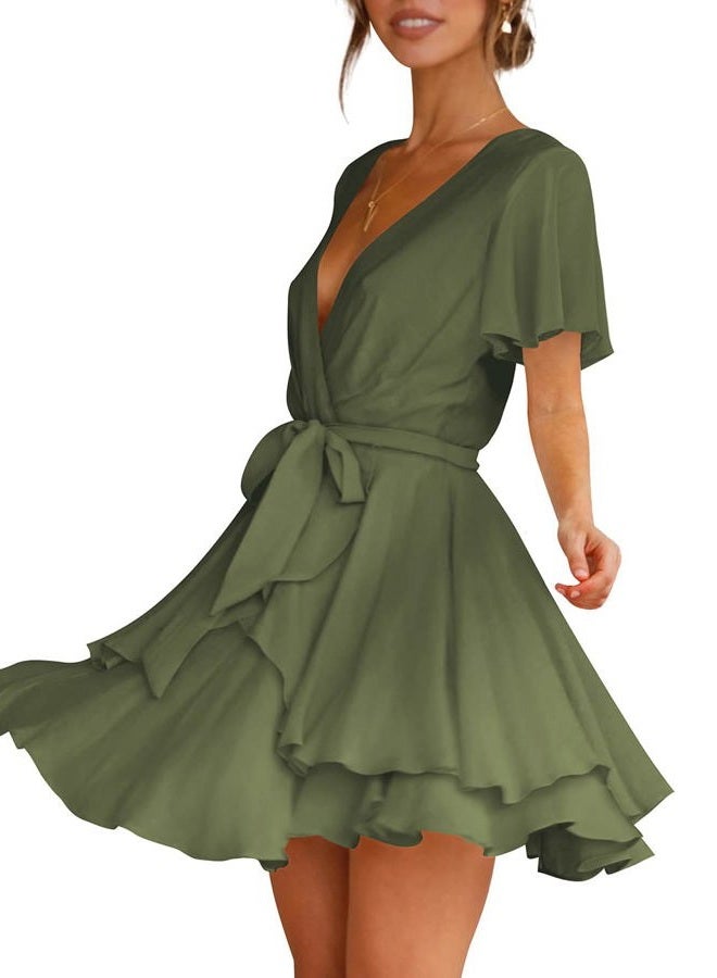 Cosonsen Women's Dress Deep V-Neck Long Sleeve Waist Tie Ruffle Mini Swing Skater Dresses, Z_25 Army Green, S - Image 2