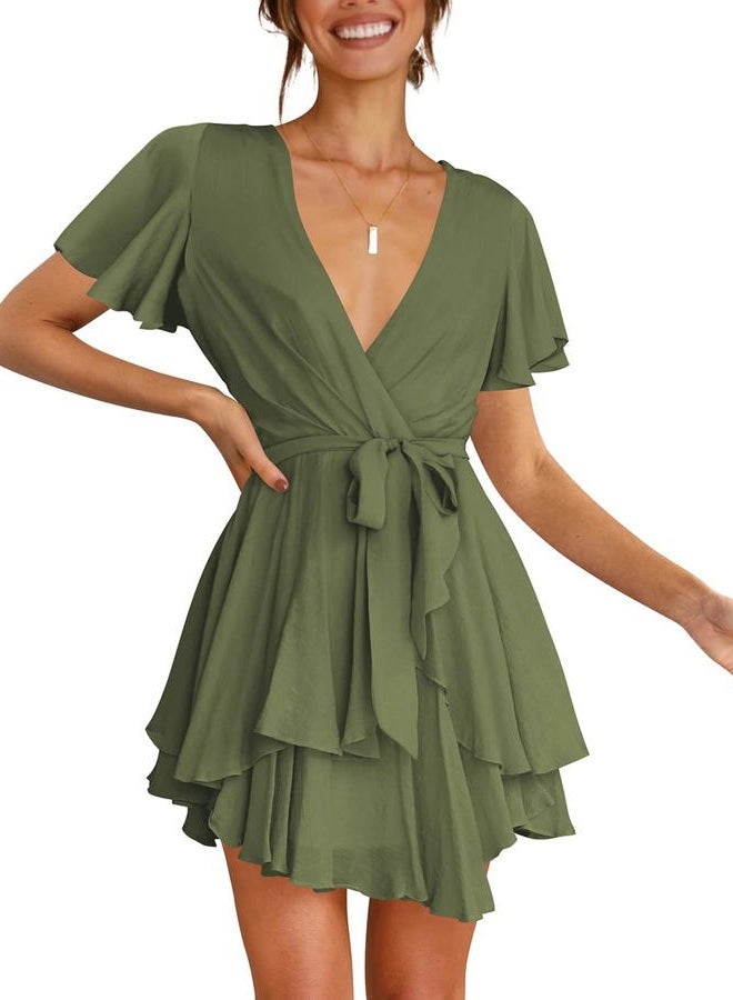 Cosonsen Women's Dress Deep V-Neck Long Sleeve Waist Tie Ruffle Mini Swing Skater Dresses, Z_25 Army Green, S - Image 5