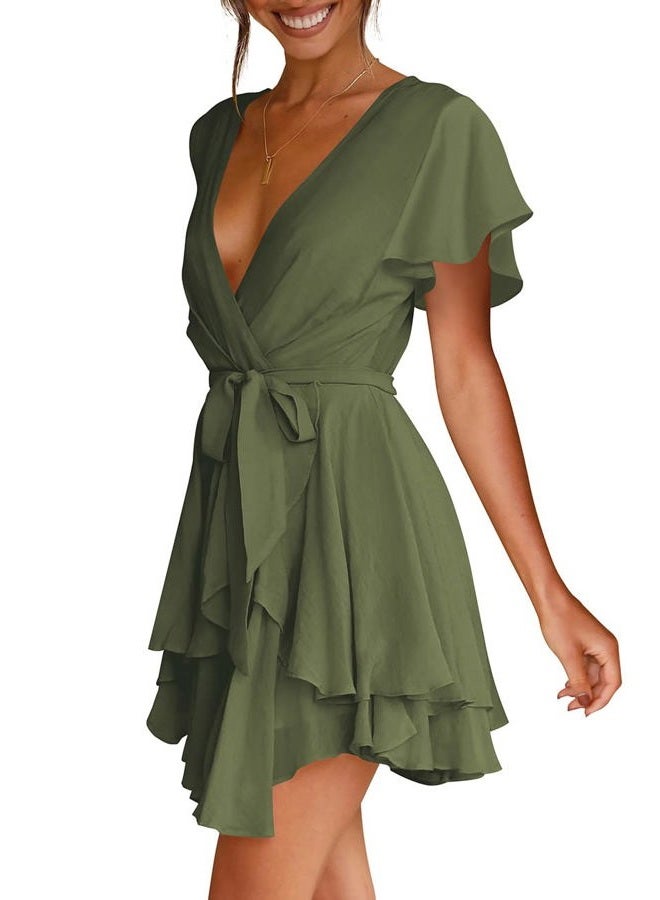 Cosonsen Women's Dress Deep V-Neck Long Sleeve Waist Tie Ruffle Mini Swing Skater Dresses, Z_25 Army Green, S - Image 4