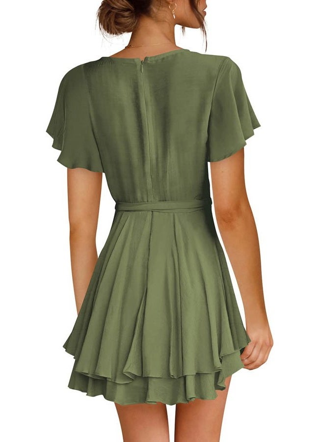 Cosonsen Women's Dress Deep V-Neck Long Sleeve Waist Tie Ruffle Mini Swing Skater Dresses, Z_25 Army Green, S - Image 3