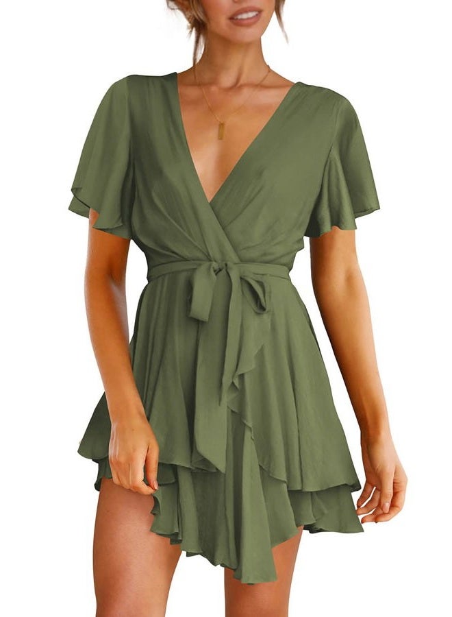 Cosonsen Women's Dress Deep V-Neck Long Sleeve Waist Tie Ruffle Mini Swing Skater Dresses, Z_25 Army Green, S - Image 1