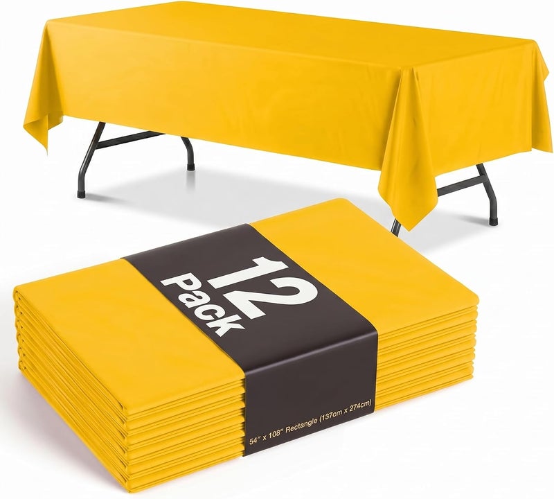Exquisite 12-Pack Premium Plastic Tablecloth 54in. x 108in. Rectangle Table Cover - Yellow - Image 1