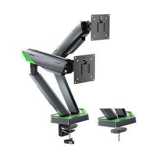 Dual Monitor Arm & Gaming Monitor Stand, Heavy Duty RGB Desk Mount for Two 17–38″ Screens, Supports up to 16 kg Each, Full-Motion Tilt, Swivel & 360° Rotation, Infinity Mirror with 20 RGB Lighting Modes, VESA 75×75 / 100×100, Built-In Cable Management, C-Clamp & Grommet – Humanex TX03-2G, Matte Black & Dark Grey