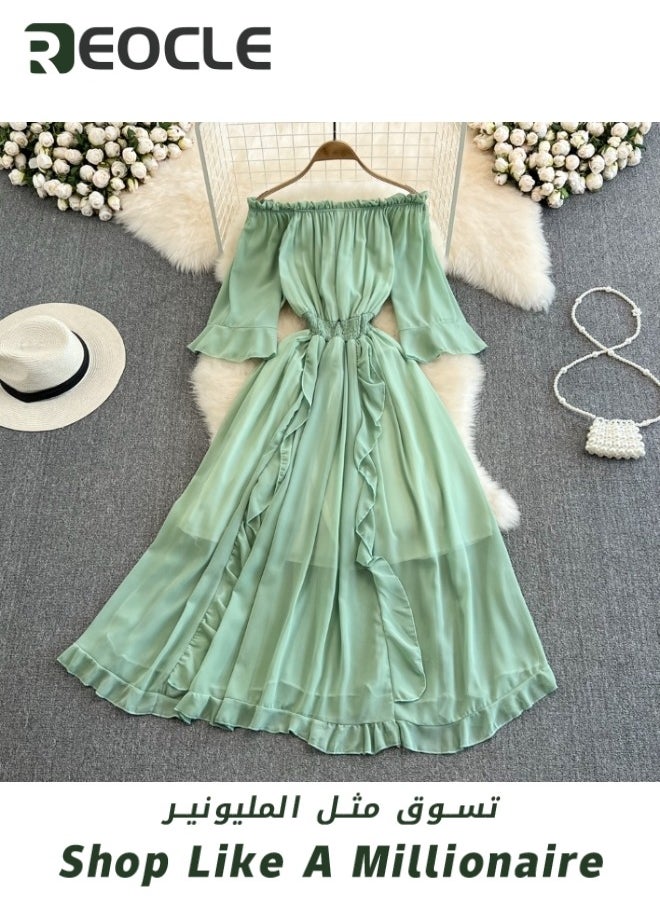 REOCLE Seaside Holiday Dress Beach Dress Super Fairy Style One-shoulder Off-shoulder Ruffled Chiffon Dress Commuting Full Skirt  - Image 2