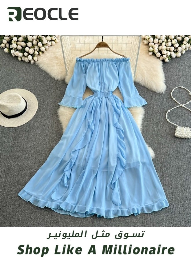REOCLE Seaside Holiday Dress Beach Dress Super Fairy Style One-shoulder Off-shoulder Ruffled Chiffon Dress Commuting Full Skirt  - Image 3