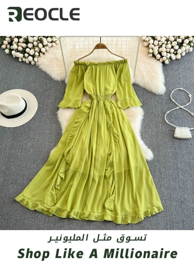REOCLE Seaside Holiday Dress Beach Dress Super Fairy Style One-shoulder Off-shoulder Ruffled Chiffon Dress Commuting Full Skirt  - Image 4
