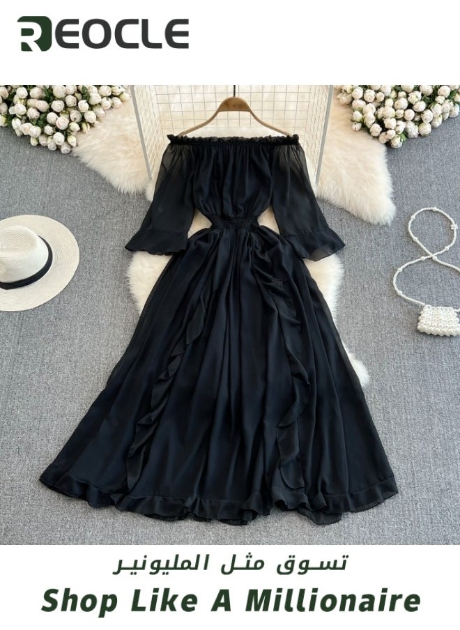 REOCLE Seaside Holiday Dress Beach Dress Super Fairy Style One-shoulder Off-shoulder Ruffled Chiffon Dress Commuting Full Skirt  - Image 5