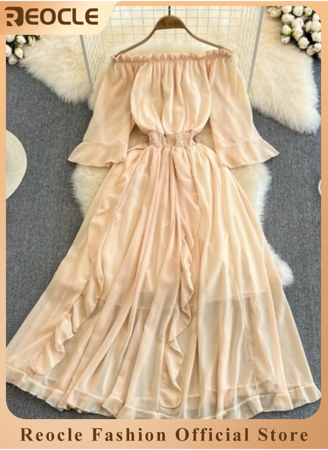 REOCLE Seaside Holiday Dress Beach Dress Super Fairy Style One-shoulder Off-shoulder Ruffled Chiffon Dress Commuting Full Skirt  - Image 1