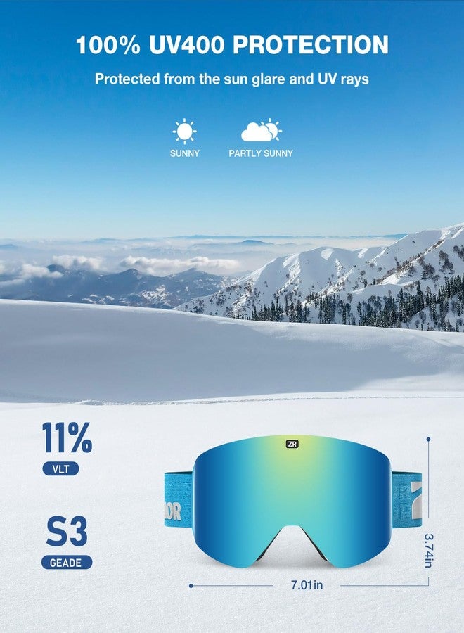 ZIONOR X11 Ski Snowboard Snow Goggles with Magnetic Interchangeable Cylindrical Lens Anti-fog UV Protection for Men Women Adult （Blue Frame RevoWhiteIceBlue Lens） - Image 2