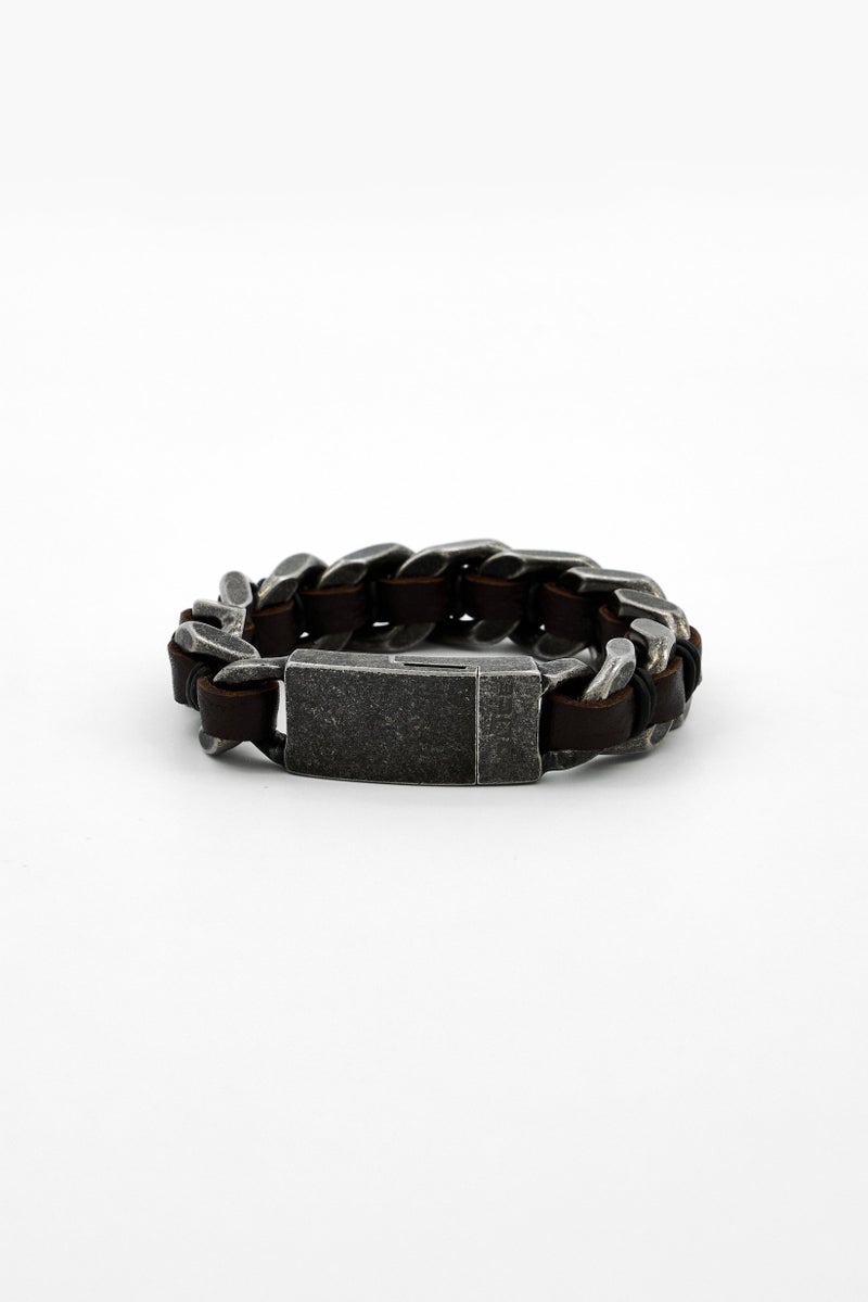 POLICE Men Fashionable Leather Shock Chain Bracelet, Brown  - Image 3