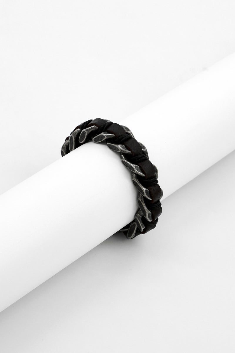 POLICE Men Fashionable Leather Shock Chain Bracelet, Brown  - Image 1