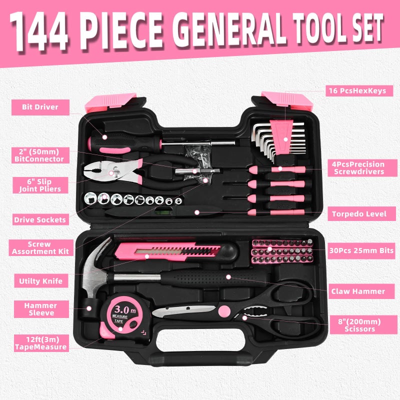 GETFOO 144-Piece Pink Tool Kit Basic Home Repair Tool Set General Household Hand Tool Kit Small Tool Kit with Plastic Toolbox Mini Tool kit for Women, Office & College Repairs - Image 2