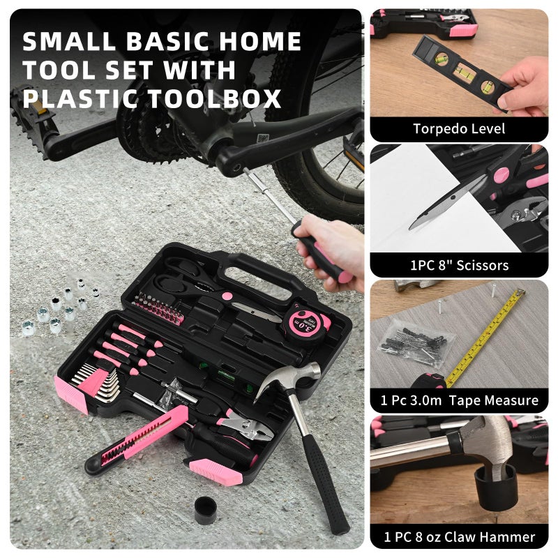 GETFOO 144-Piece Pink Tool Kit Basic Home Repair Tool Set General Household Hand Tool Kit Small Tool Kit with Plastic Toolbox Mini Tool kit for Women, Office & College Repairs - Image 5