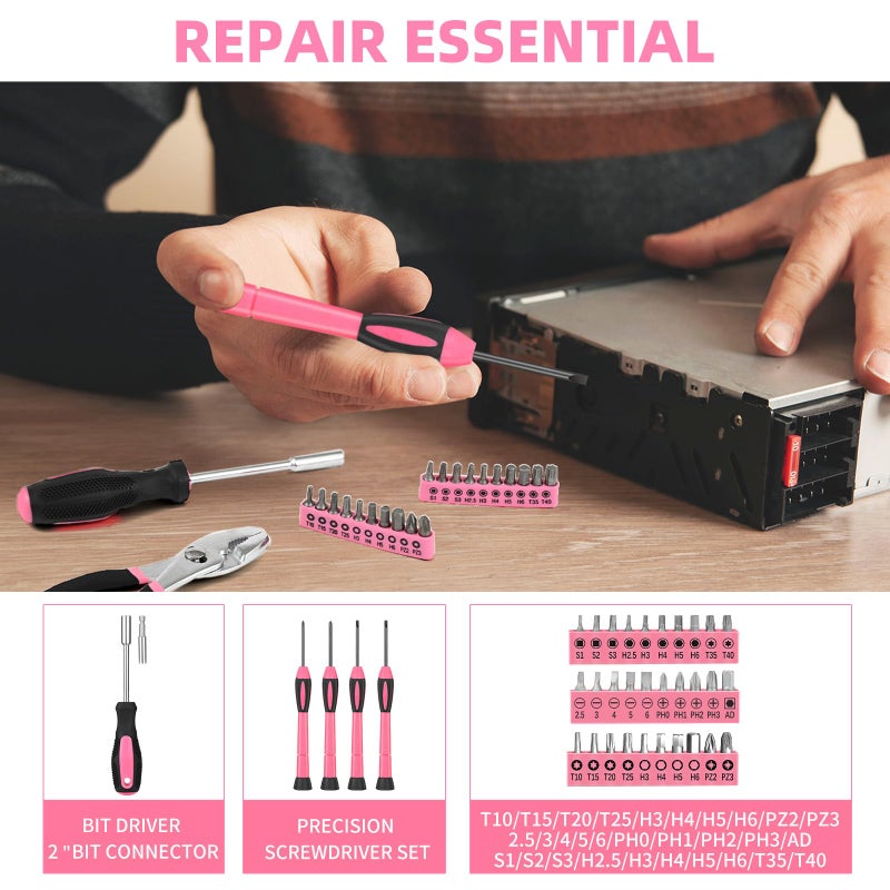 GETFOO 144-Piece Pink Tool Kit Basic Home Repair Tool Set General Household Hand Tool Kit Small Tool Kit with Plastic Toolbox Mini Tool kit for Women, Office & College Repairs - Image 4