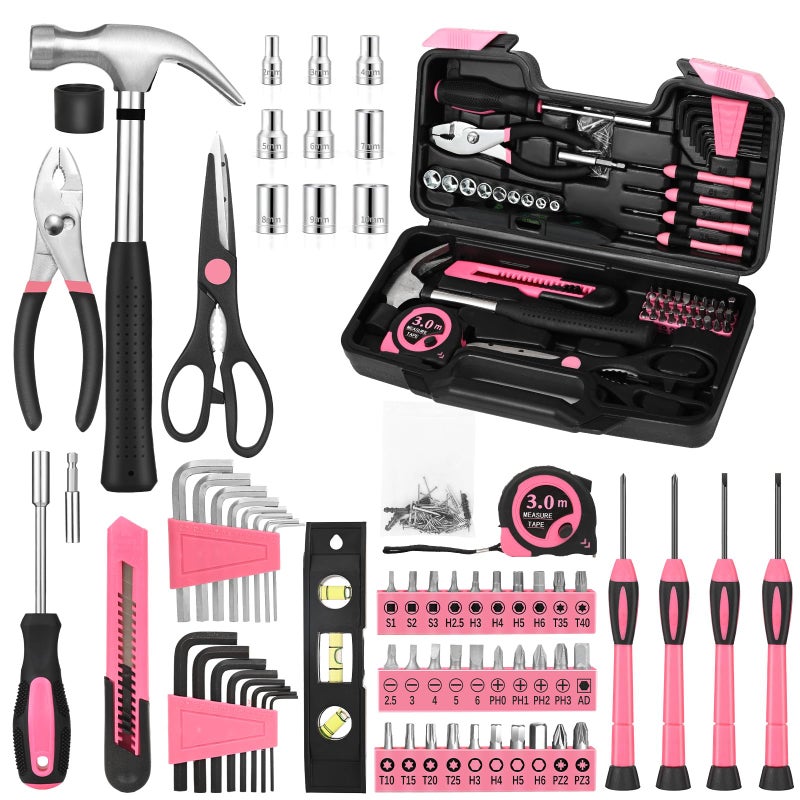 GETFOO 144-Piece Pink Tool Kit Basic Home Repair Tool Set General Household Hand Tool Kit Small Tool Kit with Plastic Toolbox Mini Tool kit for Women, Office & College Repairs - Image 1
