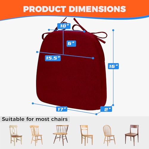 Sunsleek Chair Cushions for Dining Chairs DShaped Seat Cushions with Removable Washable Cover and Ties Chair Pads for Kitchen Indoor Dining Room Patio Chairs 17 x 16 Set of 4 Red - Image 3