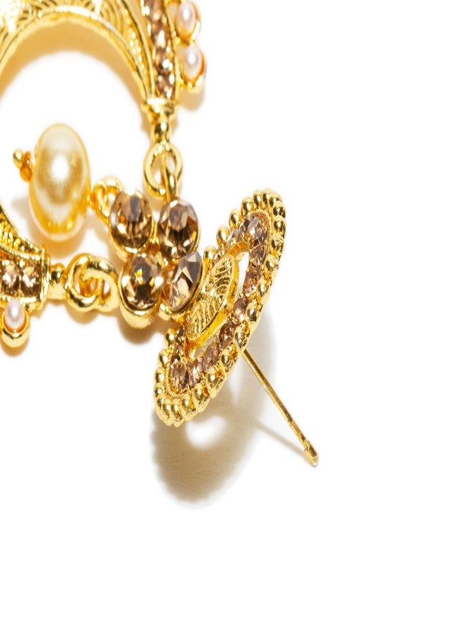 بينداني بيندهاني بوليوود فاشن، تاج جبين متدلٍّ من اللؤلؤ الصناعي مع أقراط هندية للنساء (ذهبي) - Image 4