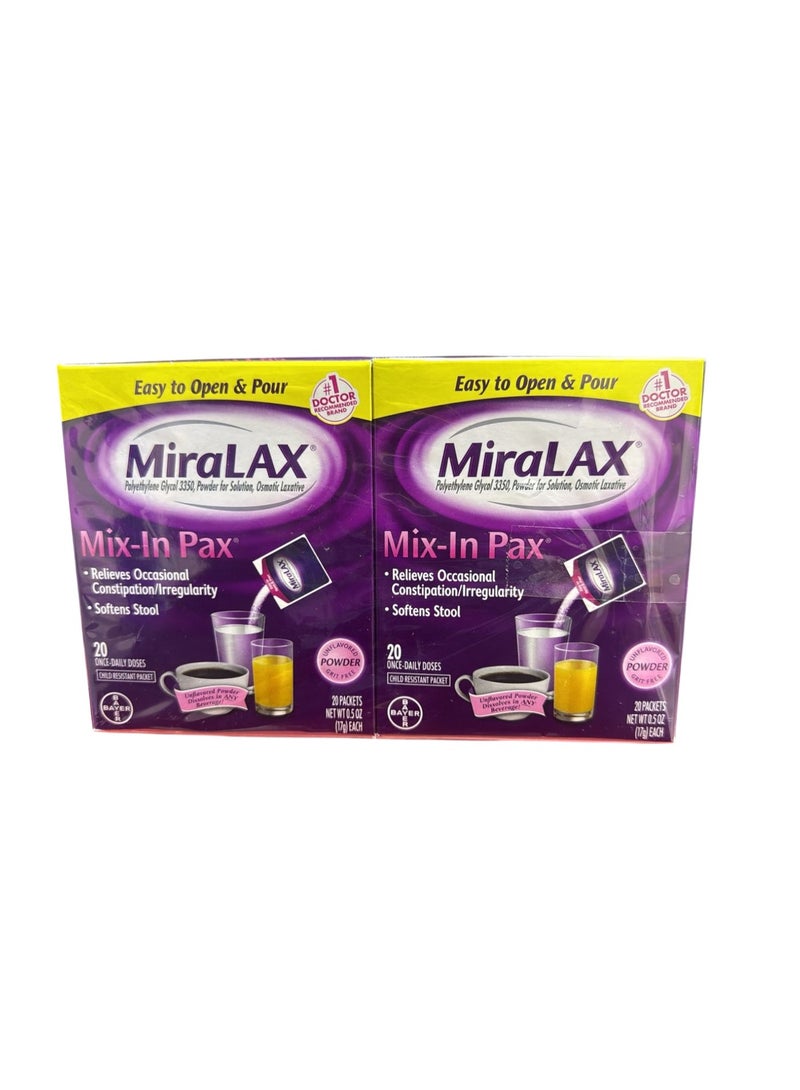 MiraLAX مسحوق ملين لطيف لتخفيف الإمساك، ملين للبراز مع PEG 3350، بدون آثار جانبية قاسية، 40 جرعة - Image 1