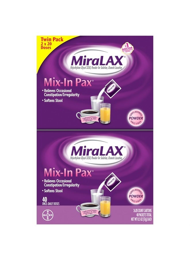 MiraLAX Gentle Constipation Relief Laxative Powder, Stool Softener with PEG 3350, No Harsh Side Effects, #1 Physician Recommended, Single Dose Mix-In Pax, Travel Pack, 40 Dose - Image 1