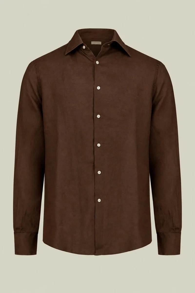 دوبل غانغر Men's 100% Linen Button-Down Shirt - Brown