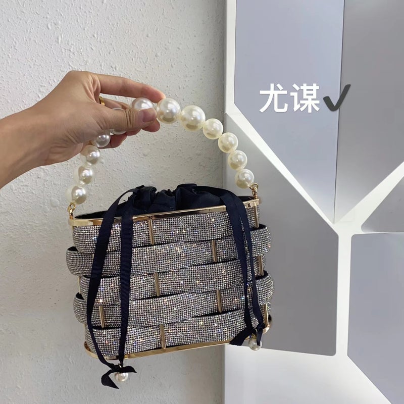 Metal Shiny Diamond Vegetable Basket Banquet Bird Cage Woven Ribbon Pearl Bucket Bag Clutch Messenger Bag - Image 2