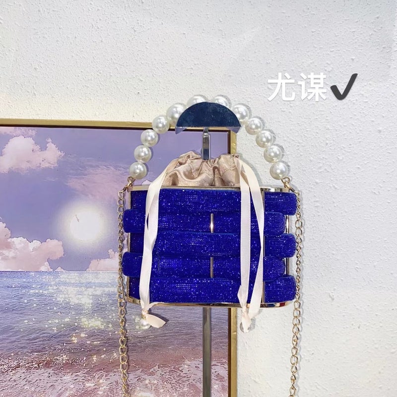Metal Shiny Diamond Vegetable Basket Banquet Bird Cage Woven Ribbon Pearl Bucket Bag Clutch Messenger Bag - Image 4
