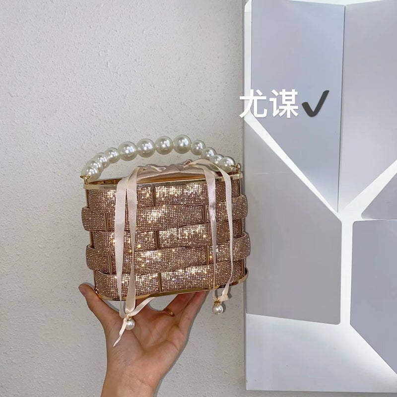 Metal Shiny Diamond Vegetable Basket Banquet Bird Cage Woven Ribbon Pearl Bucket Bag Clutch Messenger Bag - Image 3