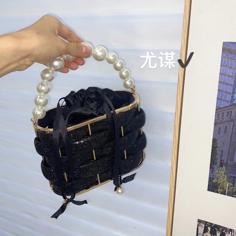 Metal Shiny Diamond Vegetable Basket Banquet Bird Cage Woven Ribbon Pearl Bucket Bag Clutch Messenger Bag - Image 5