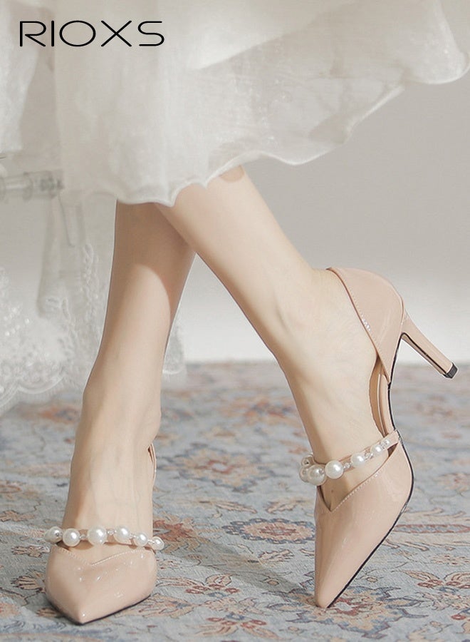 RIOXS Women's Slingback Heels, Stylish Stiletto Heels for Women, Closed Pointed Toe High Heels, Ladies Strappy Pearl Elegant Dressy Shoes, Fashional Heeled Shoes for Women, Wedding Prom Pumps Shoes, Womens Stiletto Heeled Shoes for Work Casual Outings Party, Womens Fashion Footwear Comfort Shoes, 8cm Heel Classic Golden Pumps - Image 1