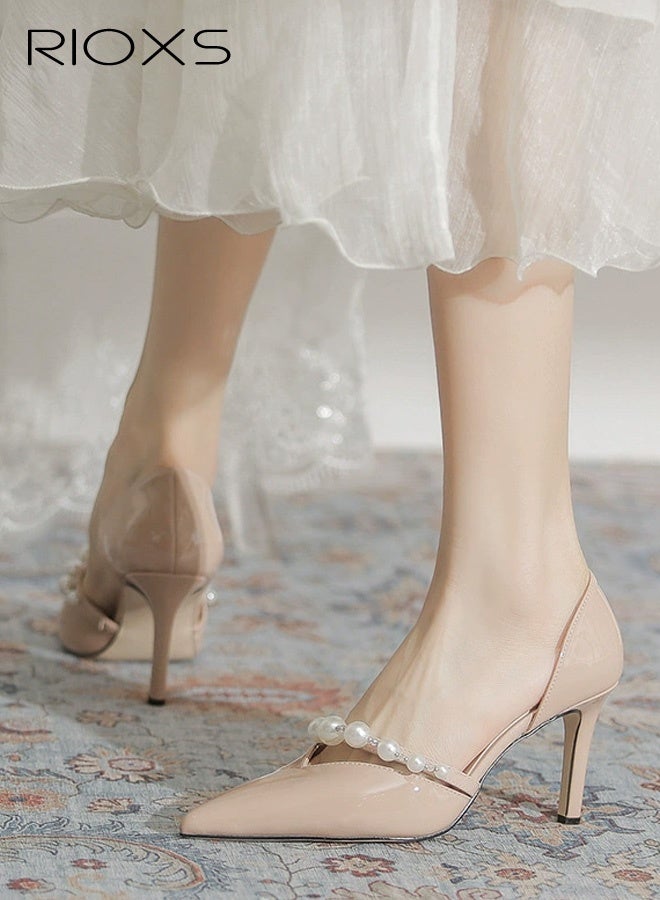 RIOXS Women's Slingback Heels, Stylish Stiletto Heels for Women, Closed Pointed Toe High Heels, Ladies Strappy Pearl Elegant Dressy Shoes, Fashional Heeled Shoes for Women, Wedding Prom Pumps Shoes, Womens Stiletto Heeled Shoes for Work Casual Outings Party, Womens Fashion Footwear Comfort Shoes, 8cm Heel Classic Golden Pumps - Image 2