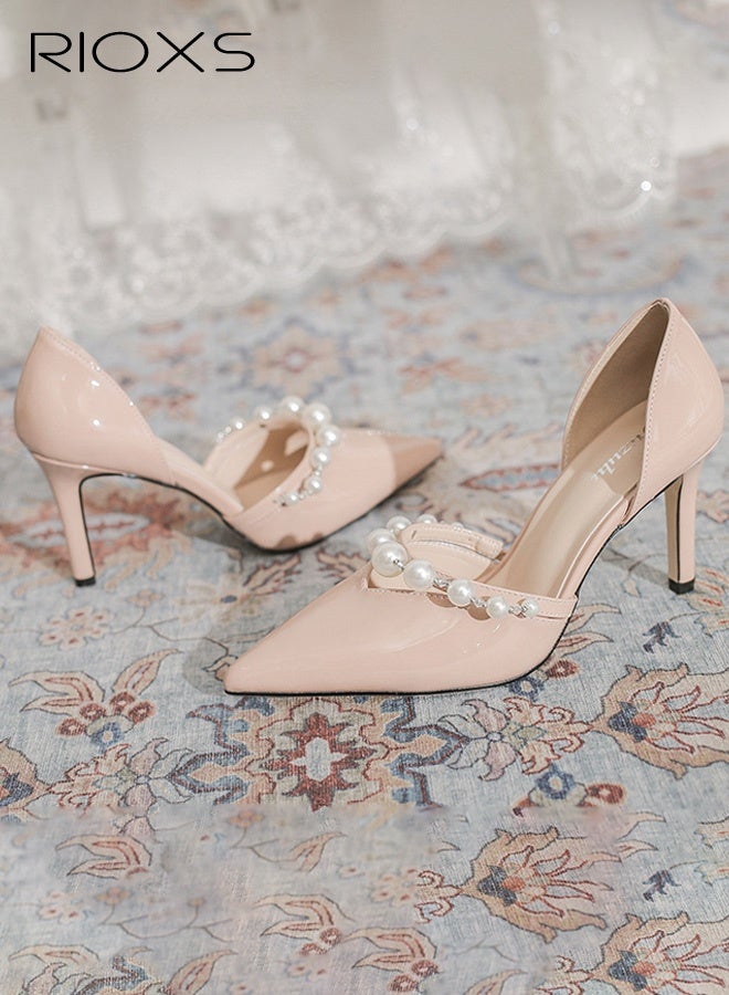 RIOXS Women's Slingback Heels, Stylish Stiletto Heels for Women, Closed Pointed Toe High Heels, Ladies Strappy Pearl Elegant Dressy Shoes, Fashional Heeled Shoes for Women, Wedding Prom Pumps Shoes, Womens Stiletto Heeled Shoes for Work Casual Outings Party, Womens Fashion Footwear Comfort Shoes, 8cm Heel Classic Golden Pumps - Image 4