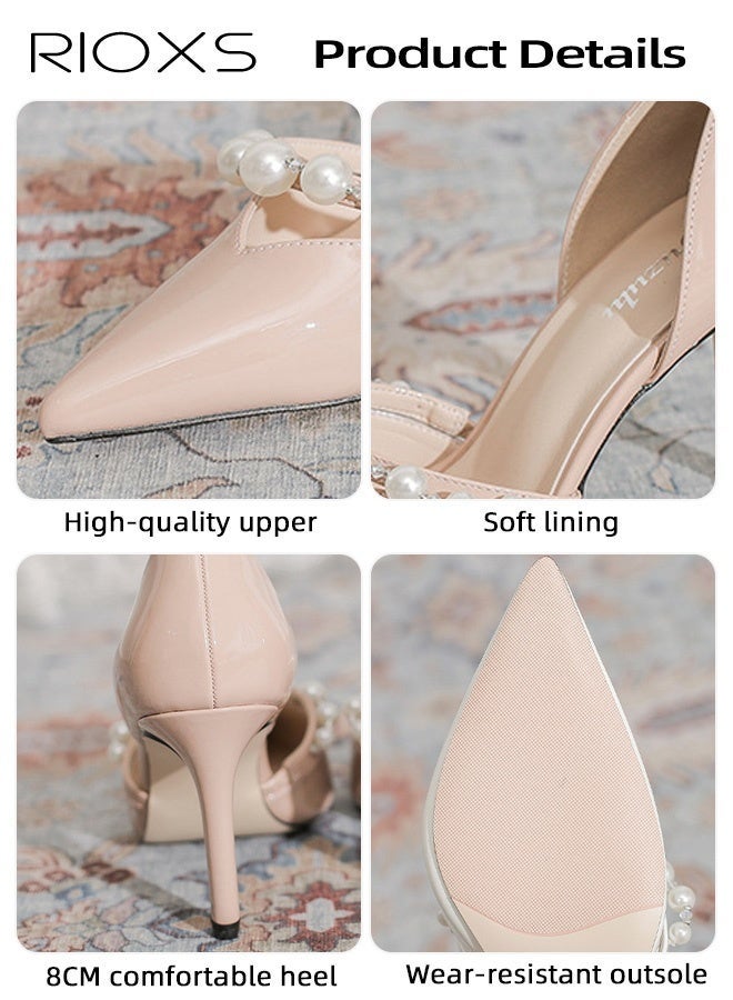 RIOXS Women's Slingback Heels, Stylish Stiletto Heels for Women, Closed Pointed Toe High Heels, Ladies Strappy Pearl Elegant Dressy Shoes, Fashional Heeled Shoes for Women, Wedding Prom Pumps Shoes, Womens Stiletto Heeled Shoes for Work Casual Outings Party, Womens Fashion Footwear Comfort Shoes, 8cm Heel Classic Golden Pumps - Image 5