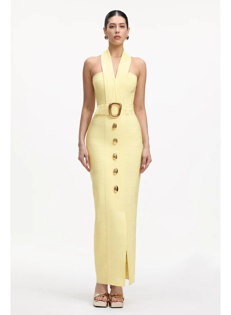 Bella Barnett Lanla Chic Contour Halter Metal Buckle Bandage Maxi Dress
