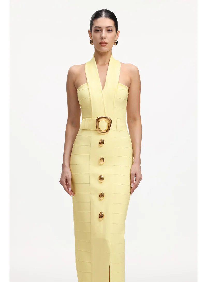 Bella Barnett Lanla Chic Contour Halter Metal Buckle Bandage Maxi Dress