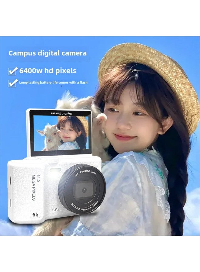 كاميرا مزدوجة عالية الدقة 6400 بكسل قابلة للطي لصور السيلفي وحفلات الطلاب والحرم الجامعي ريترو Ccd وبطاقة كاميرا رقمية صغيرة واحدة - لون الجسم: شاشة قلاب بيضاء - Image 5