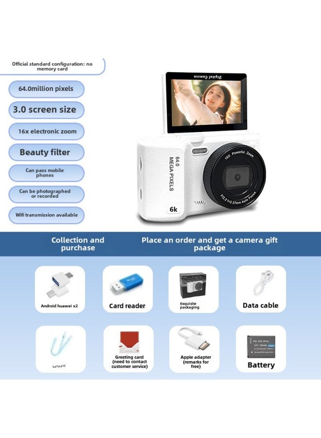 كاميرا مزدوجة عالية الدقة 6400 بكسل قابلة للطي لصور السيلفي وحفلات الطلاب والحرم الجامعي ريترو Ccd وبطاقة كاميرا رقمية صغيرة واحدة - لون الجسم: شاشة قلاب بيضاء - Image 1