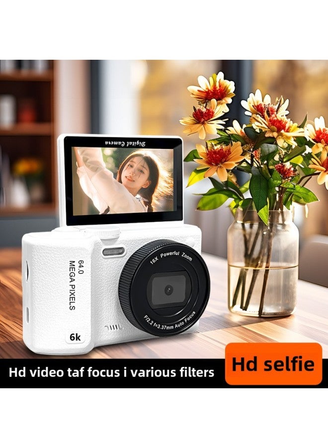 كاميرا مزدوجة عالية الدقة 6400 بكسل قابلة للطي لصور السيلفي وحفلات الطلاب والحرم الجامعي ريترو Ccd وبطاقة كاميرا رقمية صغيرة واحدة - لون الجسم: شاشة قلاب بيضاء - Image 3