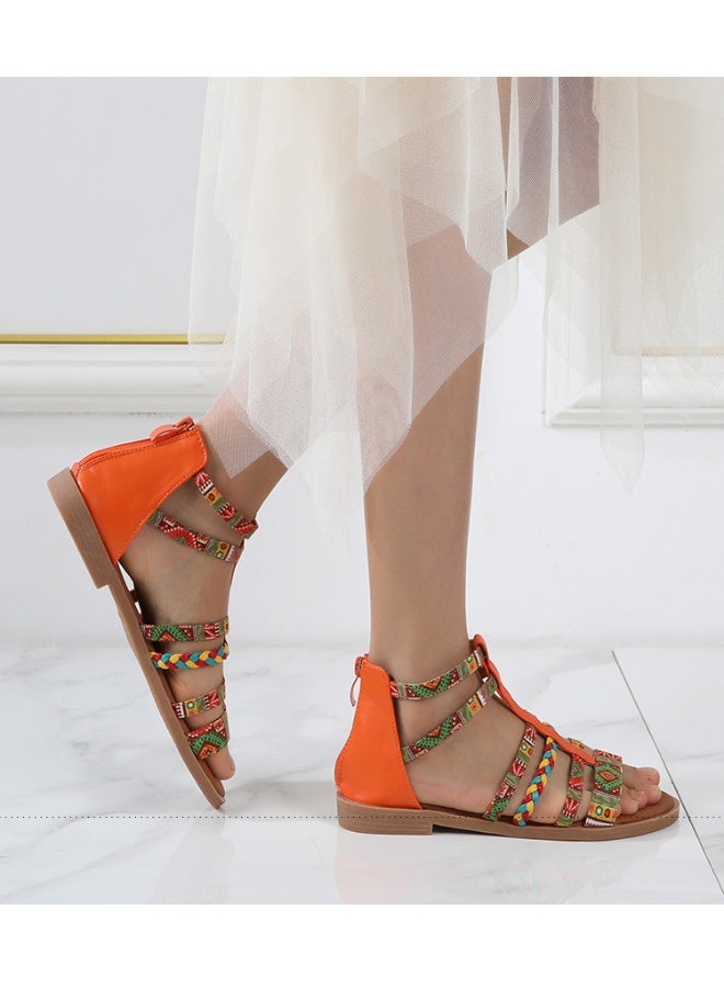NIBEMINENT Bohemian Style Flat Heel Sandals Women's   Open-toed Roman Sandals Summer  Beach Tassels Casual Zipper  - Image 3