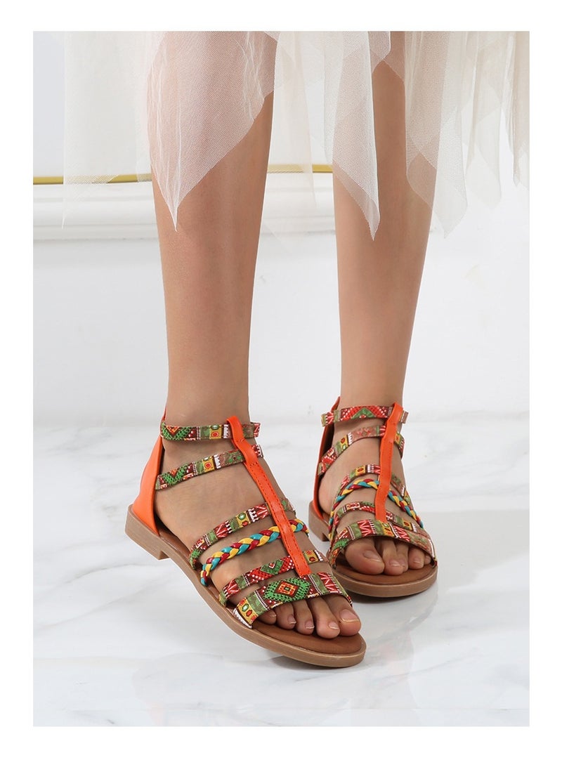 NIBEMINENT Bohemian Style Flat Heel Sandals Women's   Open-toed Roman Sandals Summer  Beach Tassels Casual Zipper  - Image 2