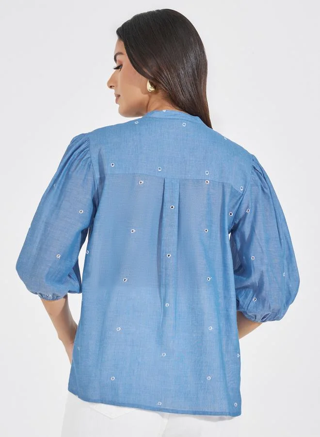 Styli Schiffli Embroidered Top with Cuffed Sleeves