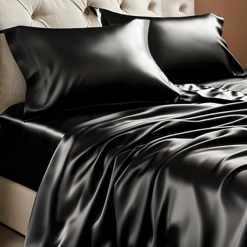 BEDELITE King Size Sheets Set Luxury Soft Black Satin Sheets for Hair and Skin Similar to Silk Bed Sheets Set 4 Pieces with 1 Deep Pocket Fitted Sheet 1 Flat Sheet and 2 Pillowcases
