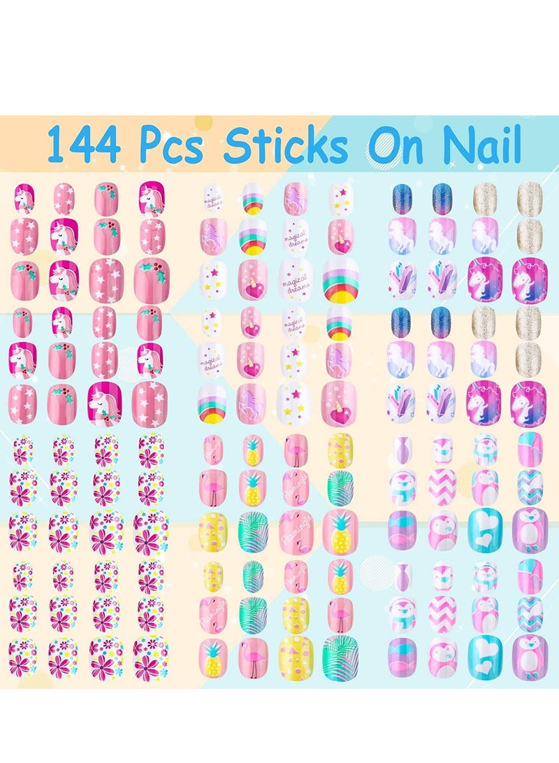 Kids Press on Nails Grils, 144 Pieces Children Fake Artificial False Nail Tips Pre Glue Full Cover Short Acrylic for Girls Kids Art Decoration (Rainbow Sky) (pink) - Image 3