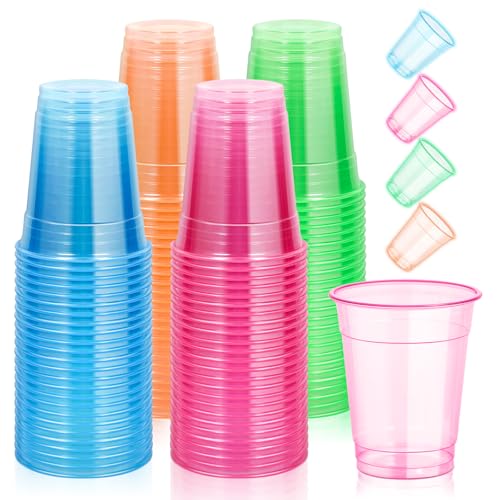 KesaPlan 120 PCS Plastic Neon Cups, 16 OZ Glow in the Dark Cups, Disposable Light Up Cup for Neon Rave Party Decorations, Colorful Pastel Party Cup for Christmas Thanksgiving Halloween Holidays - Image 1
